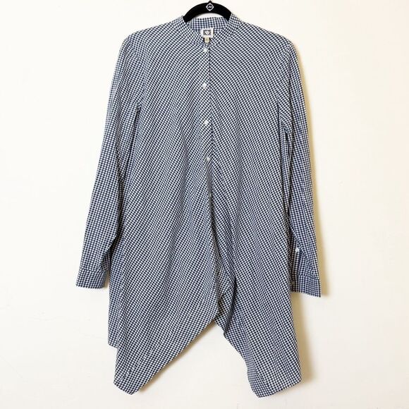 Anne Klein Gingham Button Down Sharkbite Tunic Blouse Navy White Size 0X - Picture 3 of 13